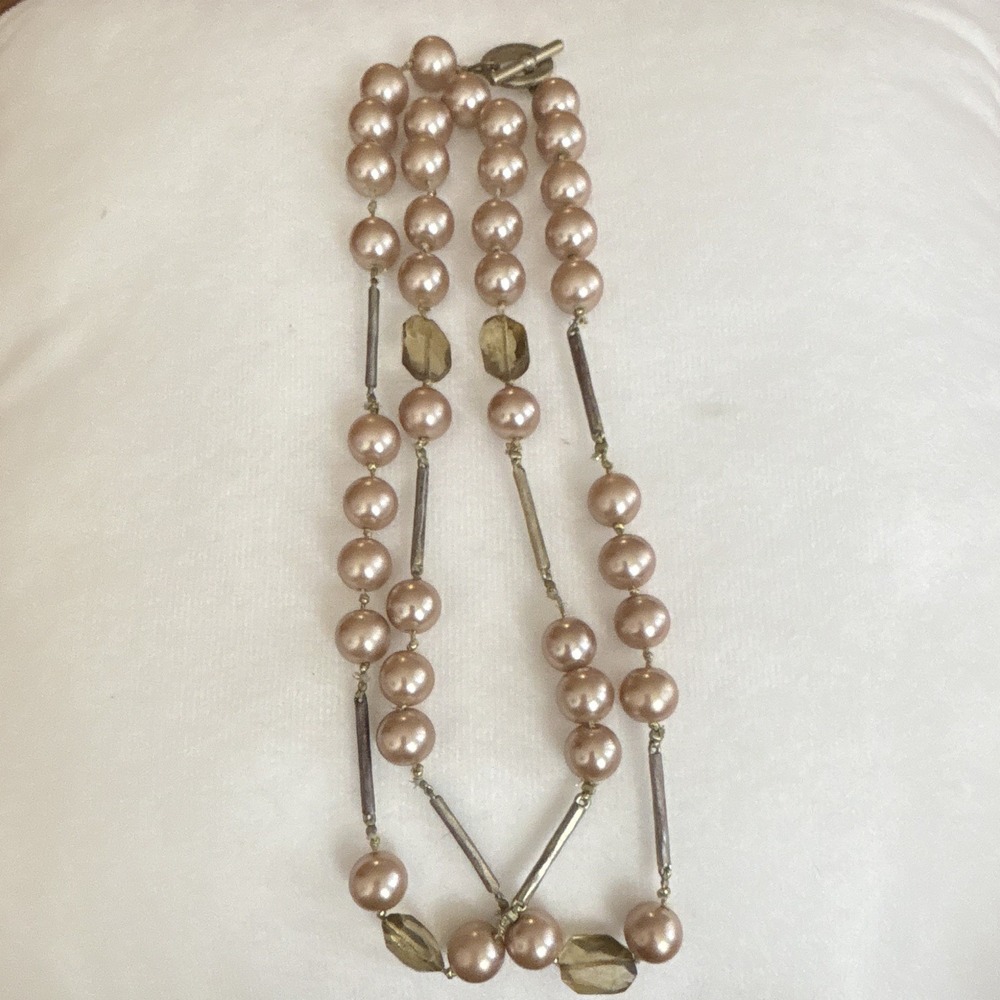 Champagne Faux Pearl Toggle Necklace Smoky Glass Accents Gold Tone Bar Spacers